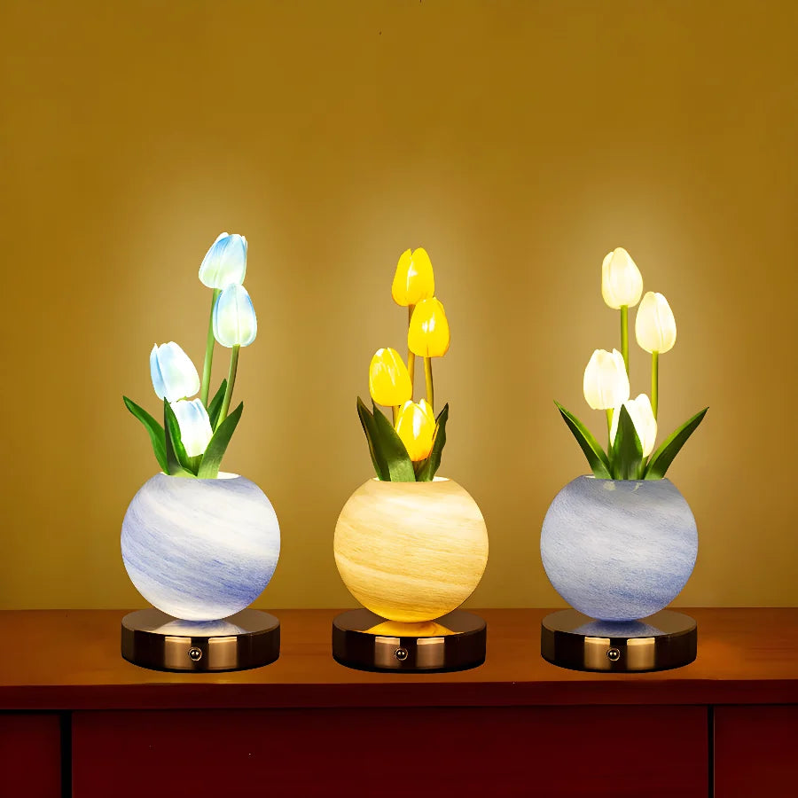 LED Tulip Night Light Bedroom Ambient Desk Lamp Planet Bouquet Decor