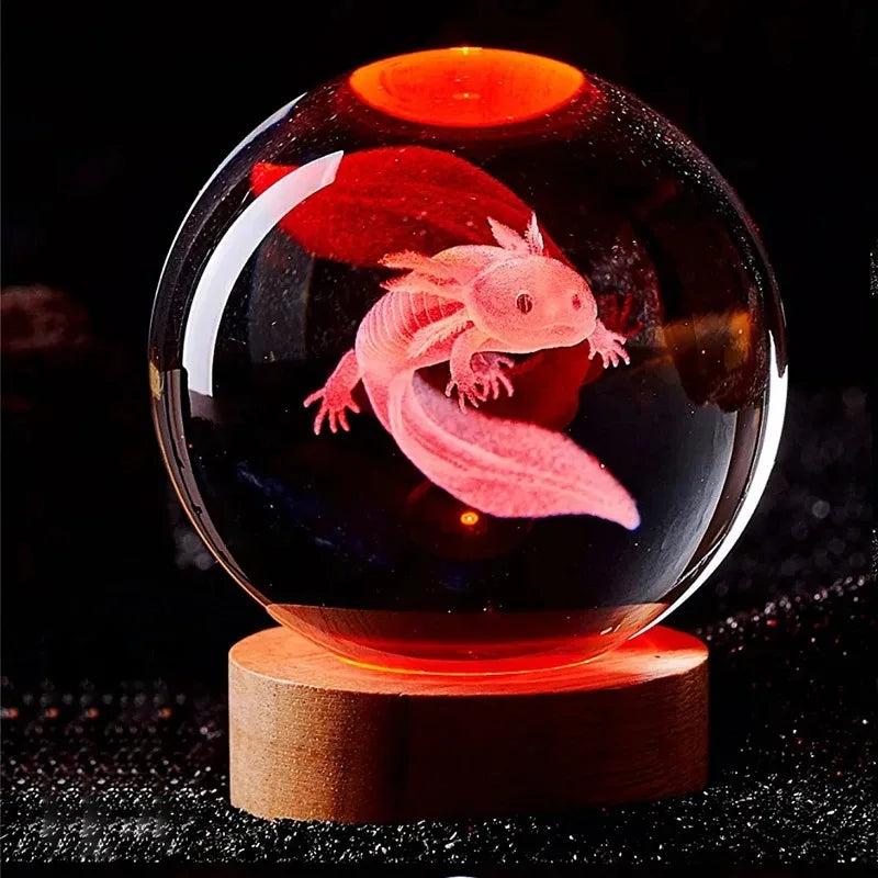 3D Axolotl Crystal Ball Night Light LED Laser Engraved Cute Gift Decor