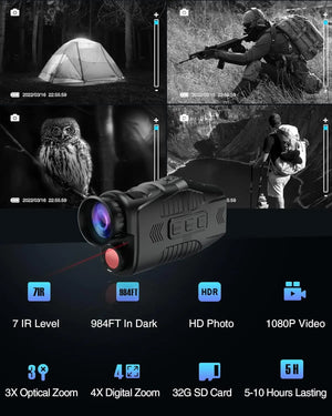 1080P Night Vision Monocular with Infrared Zoom HD Hunting Telescope for Day/Night Use