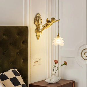 Brass Angel Wall Lamp Crystal Sconce Light Bedside Balcony Corridor Porch Decor