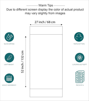 Set of 6 Hotel & Spa 100% Cotton Bath Towels 27x52 inch