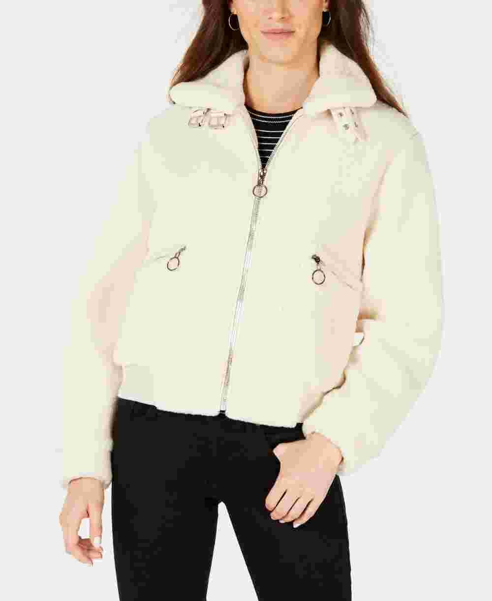 Collection B Junior's Faux Fur Teddy Bomber Jacket White Size Medium