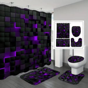 4-Piece Waterproof Shower Curtain Set with Hooks & Bathroom Floor Mats Blue Black