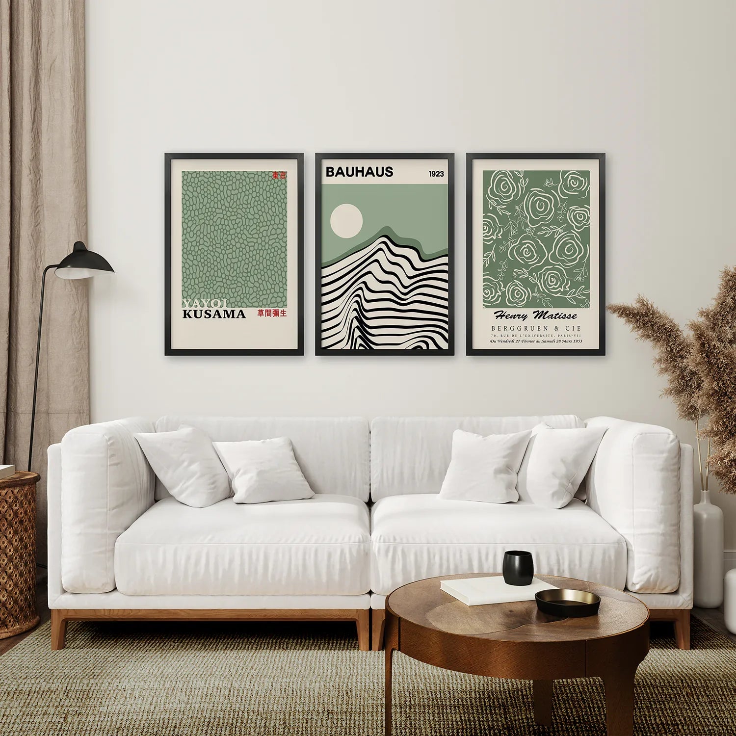 Sage Green Exhibition Art Set of 3 Prints. Bauhaus, Kusama, Matisse