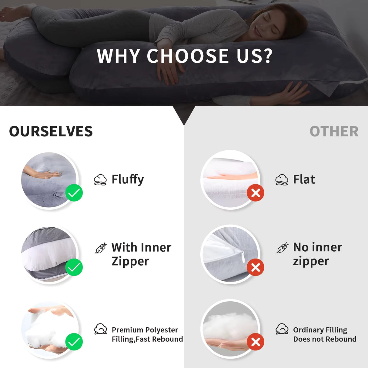 U-Shaped Full Body Pillow Side Sleeper Support Cushion 155cm Grey