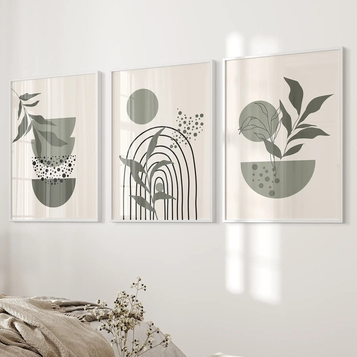3 Piece Boho Wall Art Prints. Green Mid-Century Abstract Decor