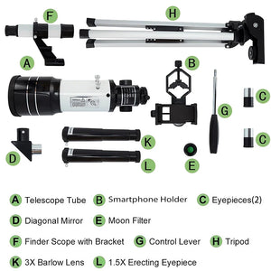 150X Astronomical Telescope 70mm Aperture Portable Refractor with Phone Adapter