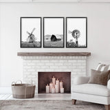 Black White Set of 3 Farm Style Prints. Windmill, Barn, Vane