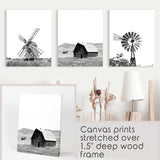Black White Set of 3 Farm Style Prints. Windmill, Barn, Vane