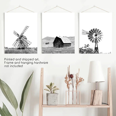 Black White Set of 3 Farm Style Prints. Windmill, Barn, Vane
