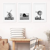 Black White Set of 3 Farm Style Prints. Windmill, Barn, Vane
