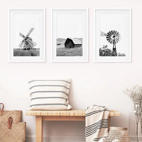 Black White Set of 3 Farm Style Prints. Windmill, Barn, Vane