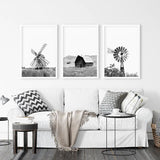 Black White Set of 3 Farm Style Prints. Windmill, Barn, Vane