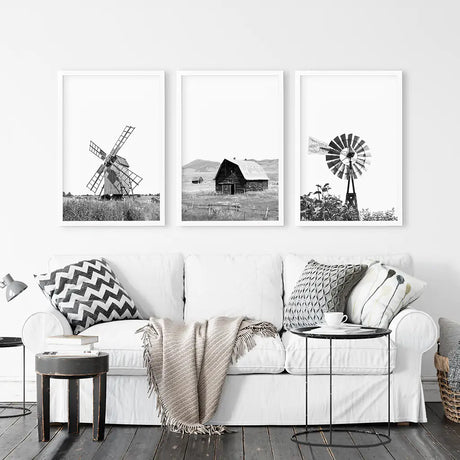 Black White Set of 3 Farm Style Prints. Windmill, Barn, Vane