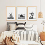 Black White Set of 3 Farm Style Prints. Windmill, Barn, Vane