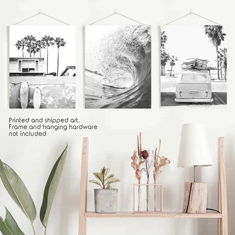 Black White California Surfing Prints. Van, Ocean Wave, Surfboards