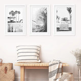 Black White California Surfing Prints. Van, Ocean Wave, Surfboards