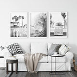 Black White California Surfing Prints. Van, Ocean Wave, Surfboards