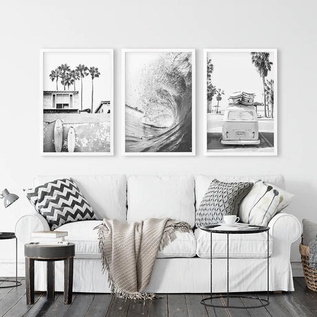 Black White California Surfing Prints. Van, Ocean Wave, Surfboards