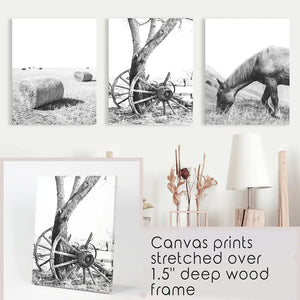Black White Farm House Wall Décor. Horse, Hay Bales