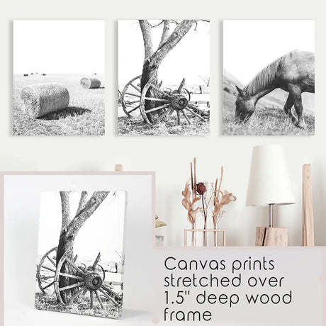 Black White Farm House Wall Décor. Horse, Hay Bales