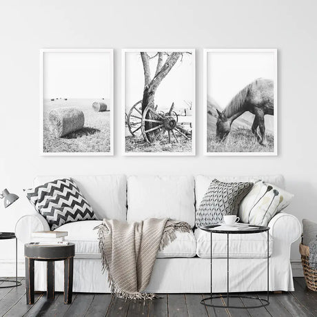 Black White Farm House Wall Décor. Horse, Hay Bales