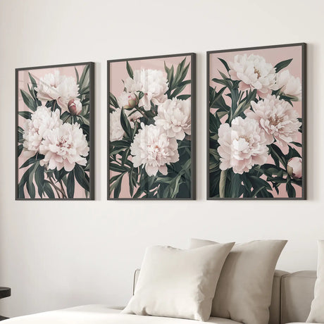 Peonies Flowers Wall Art Set of 3. Pink and Green Decor
