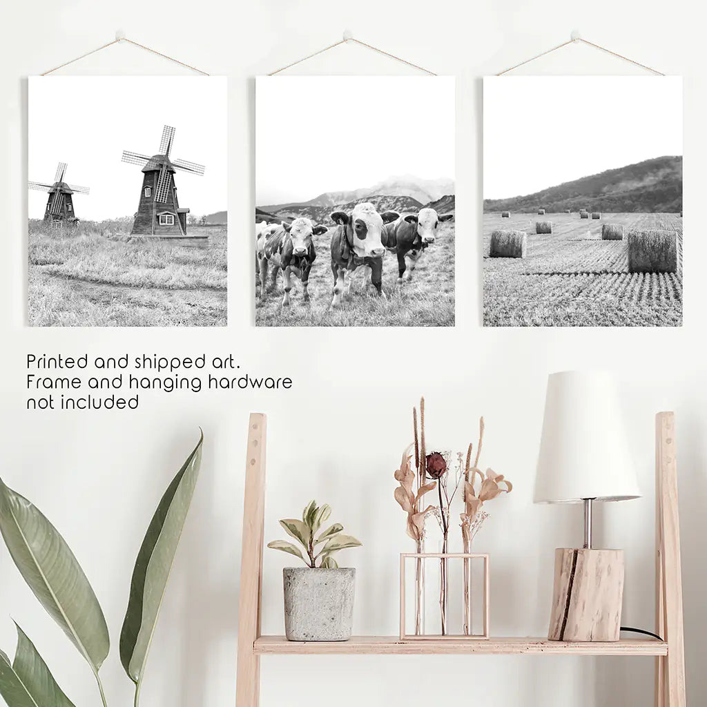 Farmhouse Black White Wall Art. Windmill, 3 Cows, Hay Bales