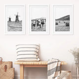 Farmhouse Black White Wall Art. Windmill, 3 Cows, Hay Bales