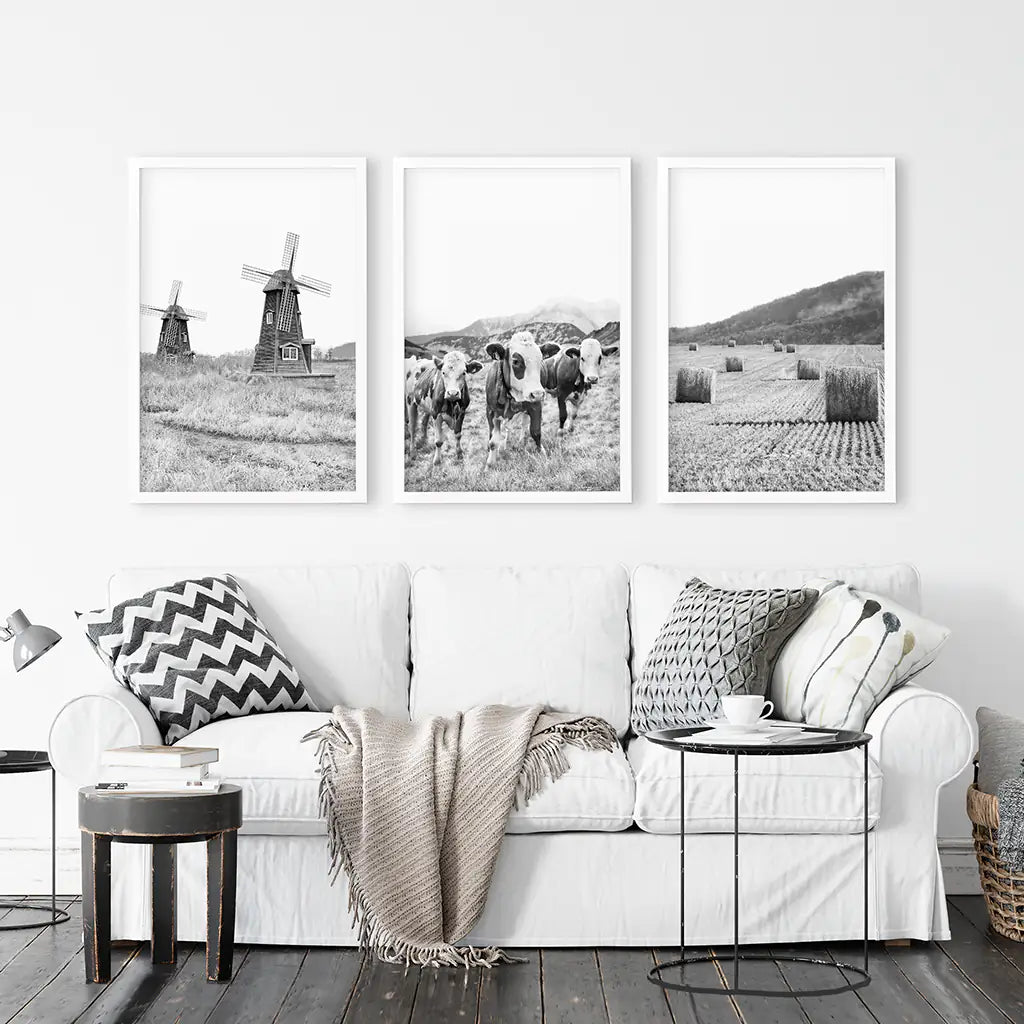 Farmhouse Black White Wall Art. Windmill, 3 Cows, Hay Bales