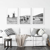 Farmhouse Black White Wall Art. Windmill, 3 Cows, Hay Bales