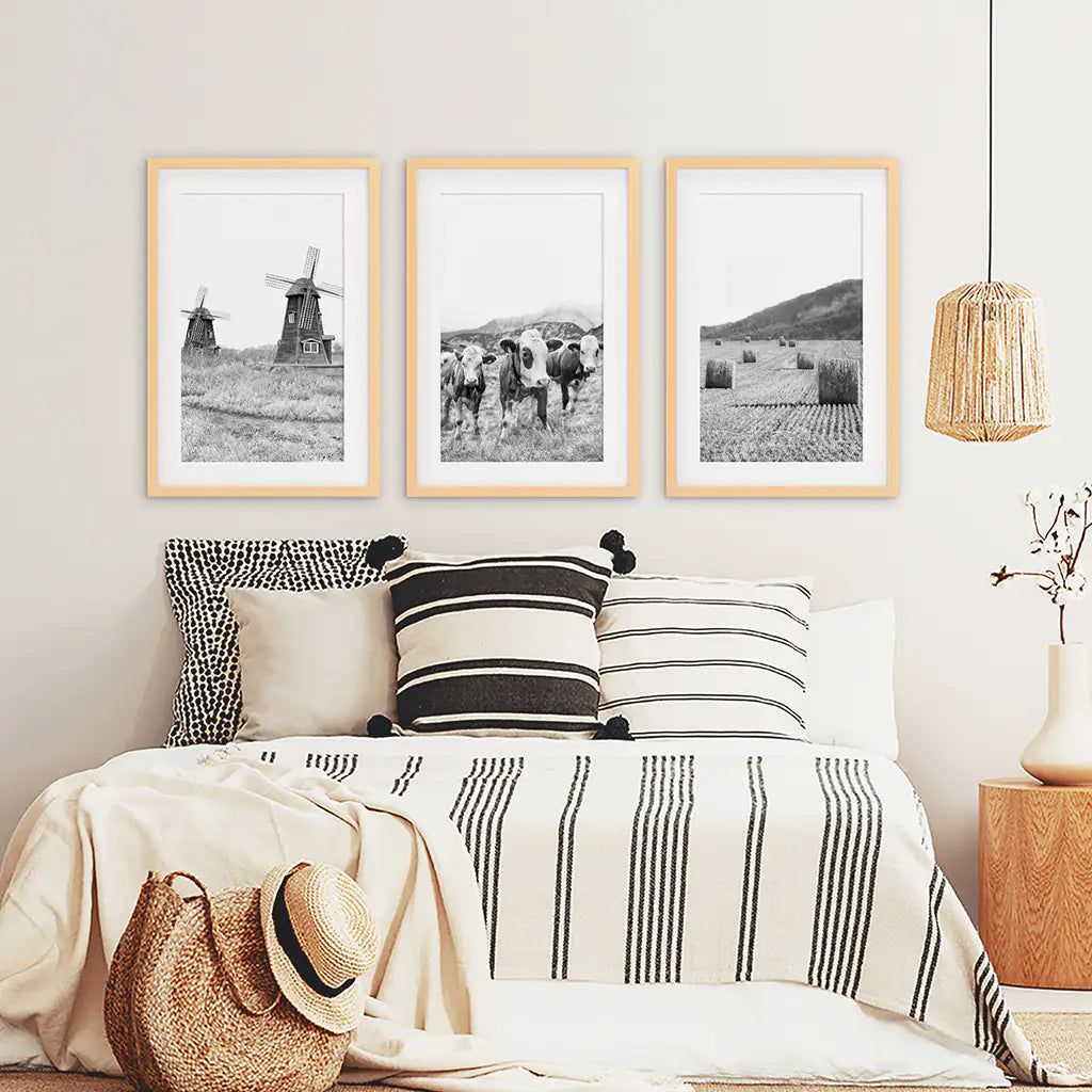Farmhouse Black White Wall Art. Windmill, 3 Cows, Hay Bales