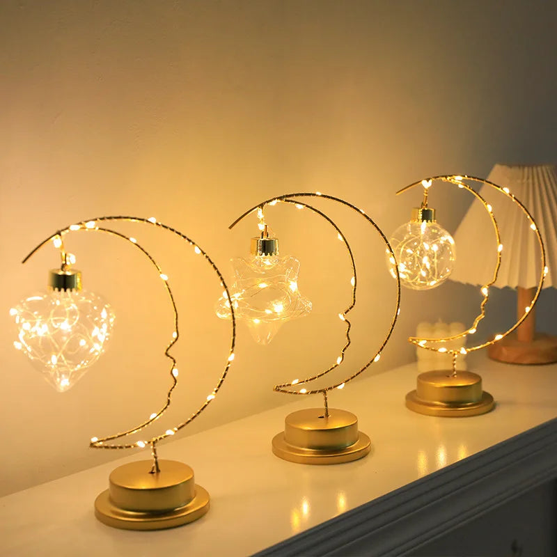 Moon Star LED Night Light Heart Iron Decor Indoor Lamp Gift Bedroom Ornament