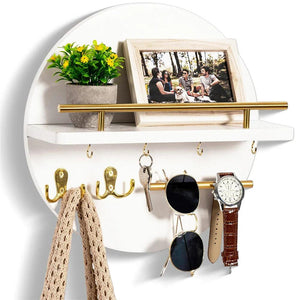 Round Wooden Key Holder Wall Mount Entryway Organizer Shelf Hooks