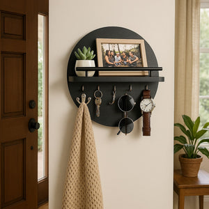 Round Wooden Key Holder Wall Mount Entryway Organizer Shelf Hooks