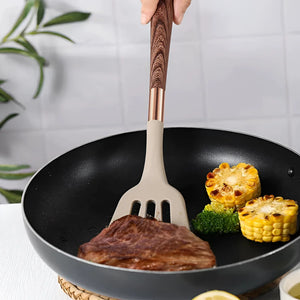 10-Piece Silicone Kitchen Utensil Set Copper Wood Handle Heat Resistant