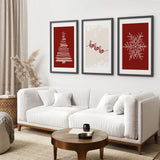Red Christmas Set Xmas Tree Snowflake Art Poster