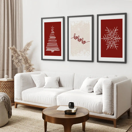 Red Christmas Set Xmas Tree Snowflake Art Poster