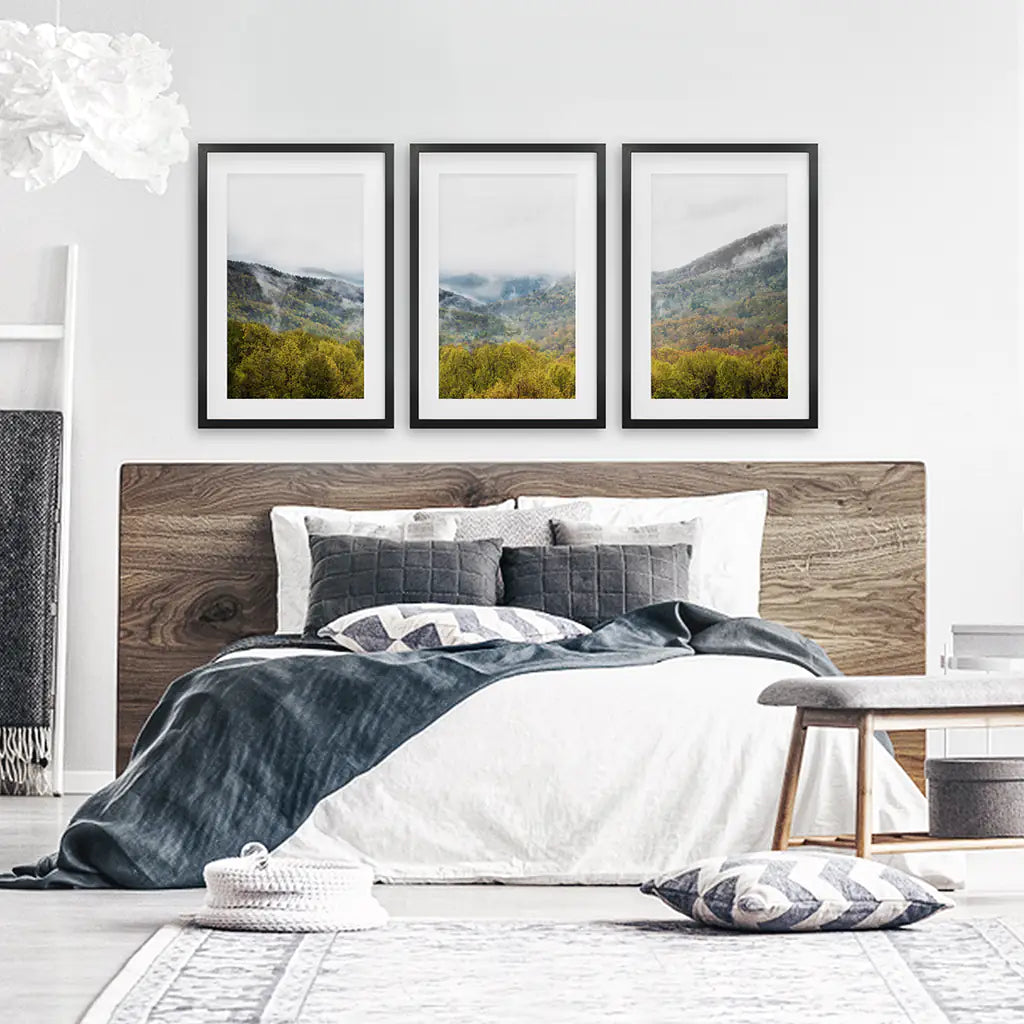 Foggy Mountains and Green Forest. Photo Triptych