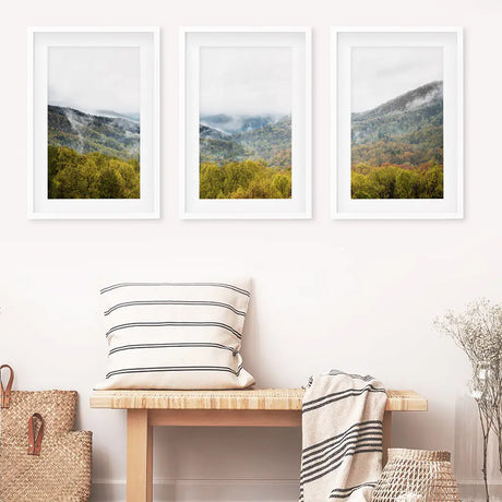 Foggy Mountains and Green Forest. Photo Triptych