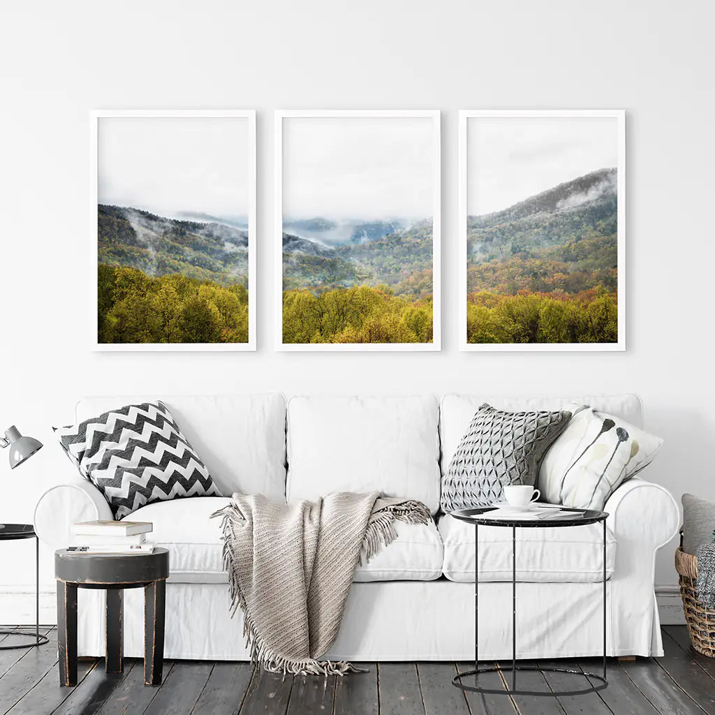 Foggy Mountains and Green Forest. Photo Triptych