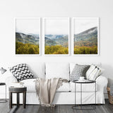 Foggy Mountains and Green Forest. Photo Triptych