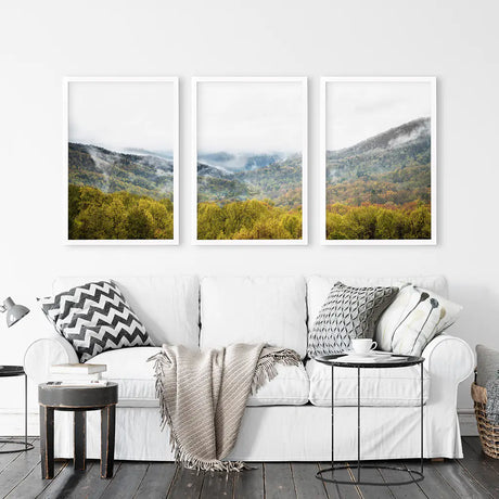 Foggy Mountains and Green Forest. Photo Triptych