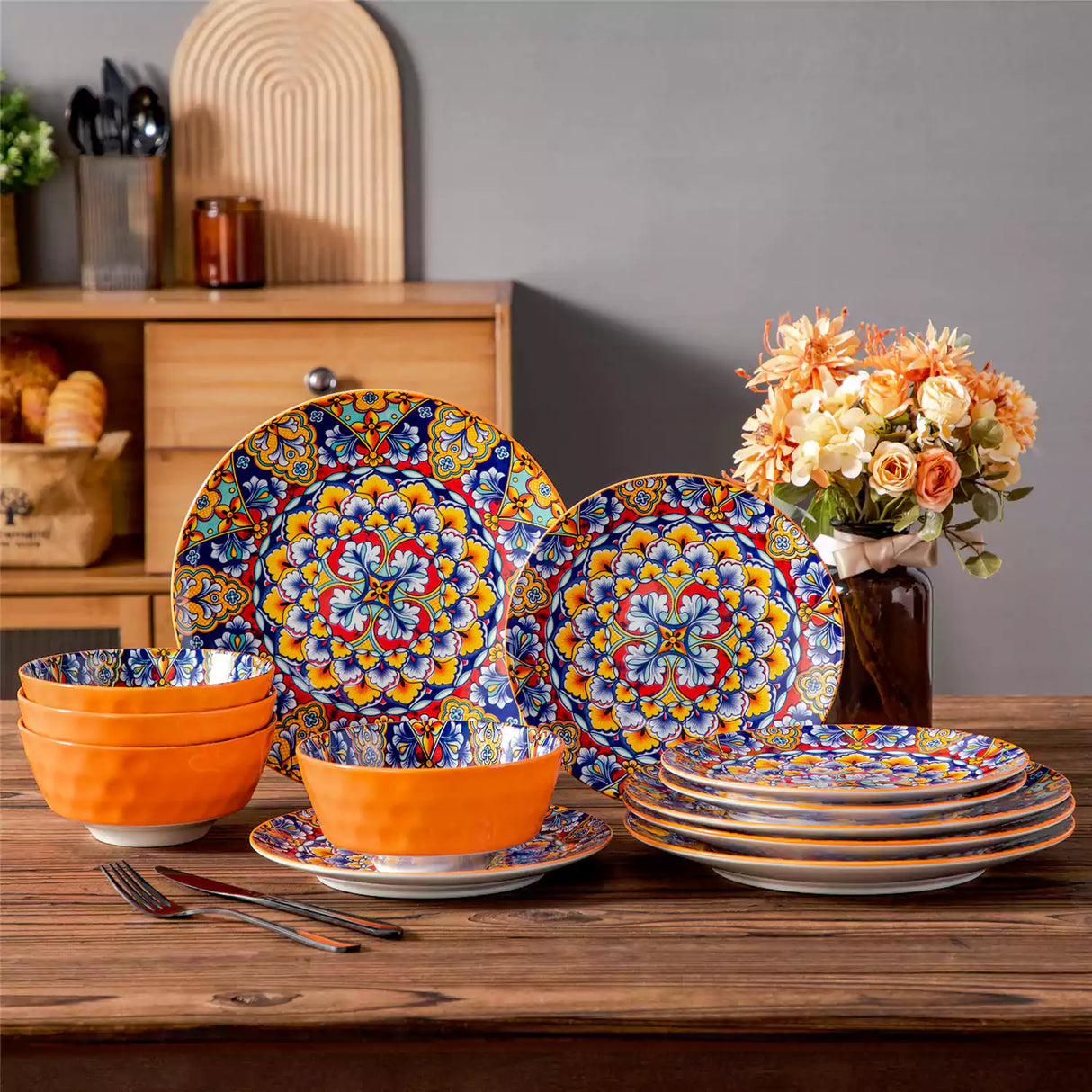 Simi 12 Piece Dinnerware Set with Front-Only Pattern
