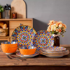 Simi 12 Piece Dinnerware Set with Front-Only Boho Pattern