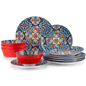 Simi 12 Piece Dinnerware Set with Front-Only Boho Pattern