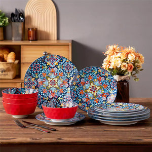 Simi 12 Piece Dinnerware Set with Front-Only Boho Pattern