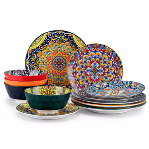 Simi 12 Piece Dinnerware Set with Front-Only Boho Pattern