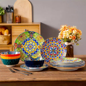 Simi 12 Piece Dinnerware Set with Front-Only Boho Pattern