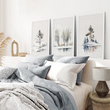 Vintage Watercolor Forest Print Set. Blue, Green, Gray